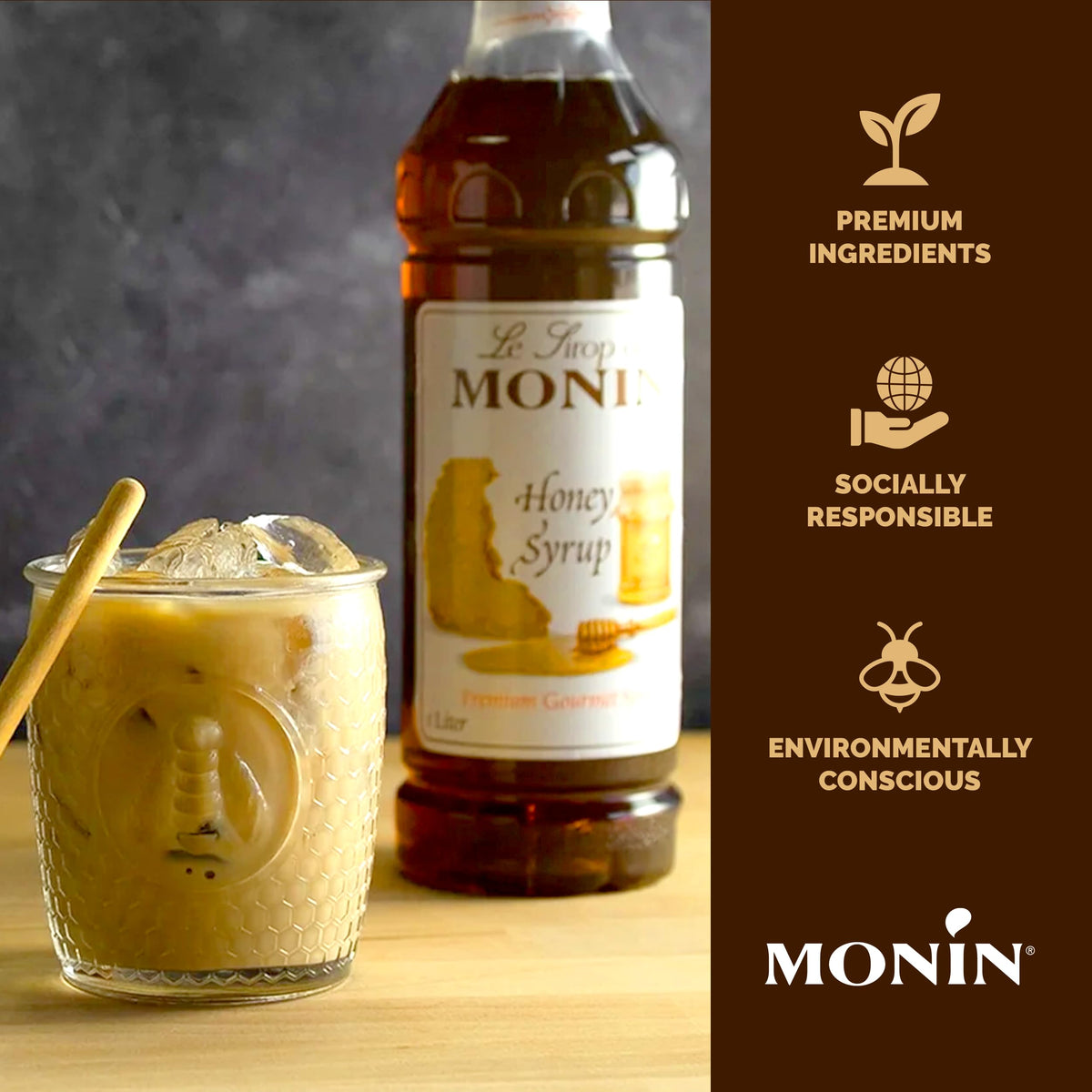 Monin Honey Syrup coffee setup for cafe-style beverages