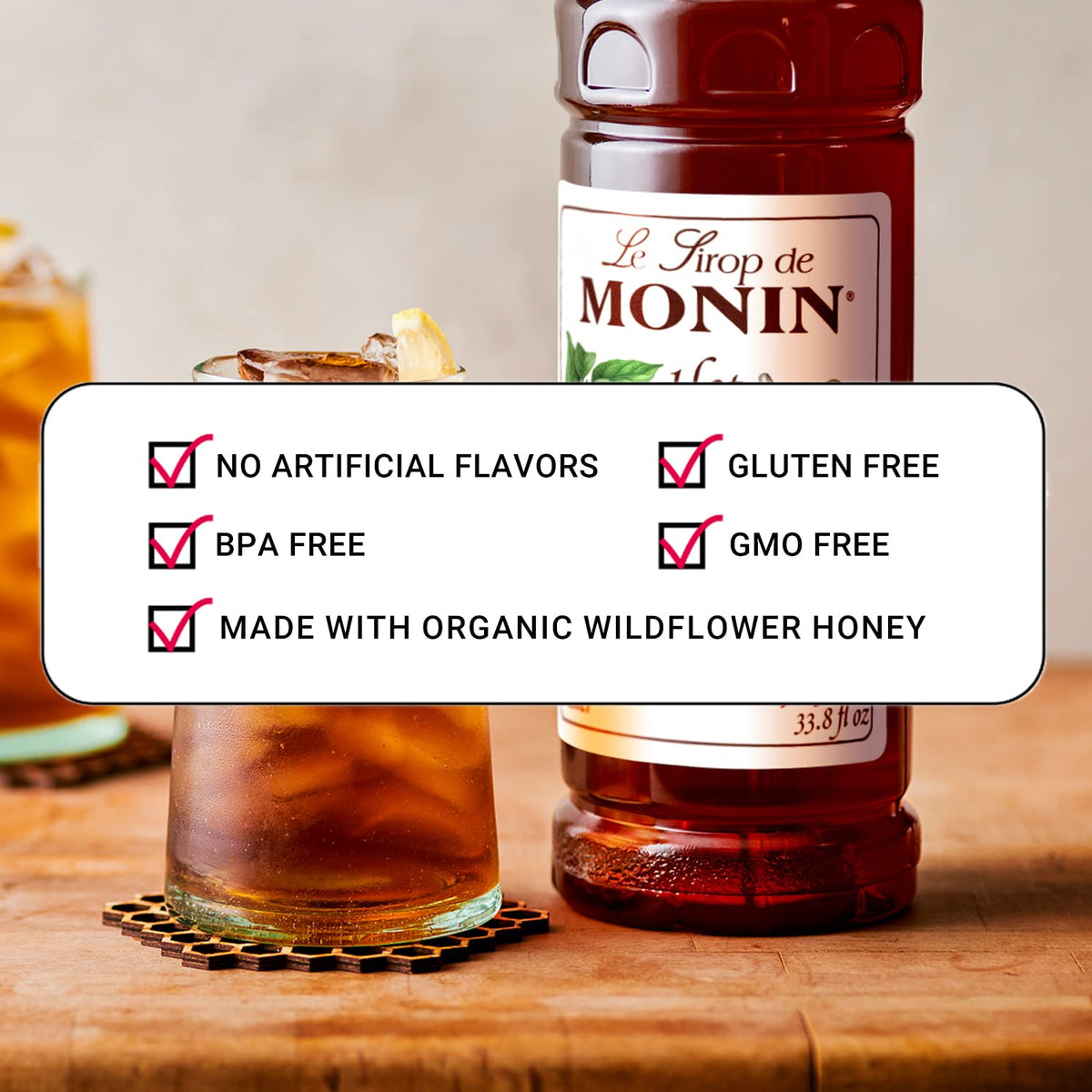 Monin Hot Honey Syrup enhances drinks and glazes with gentle heat.