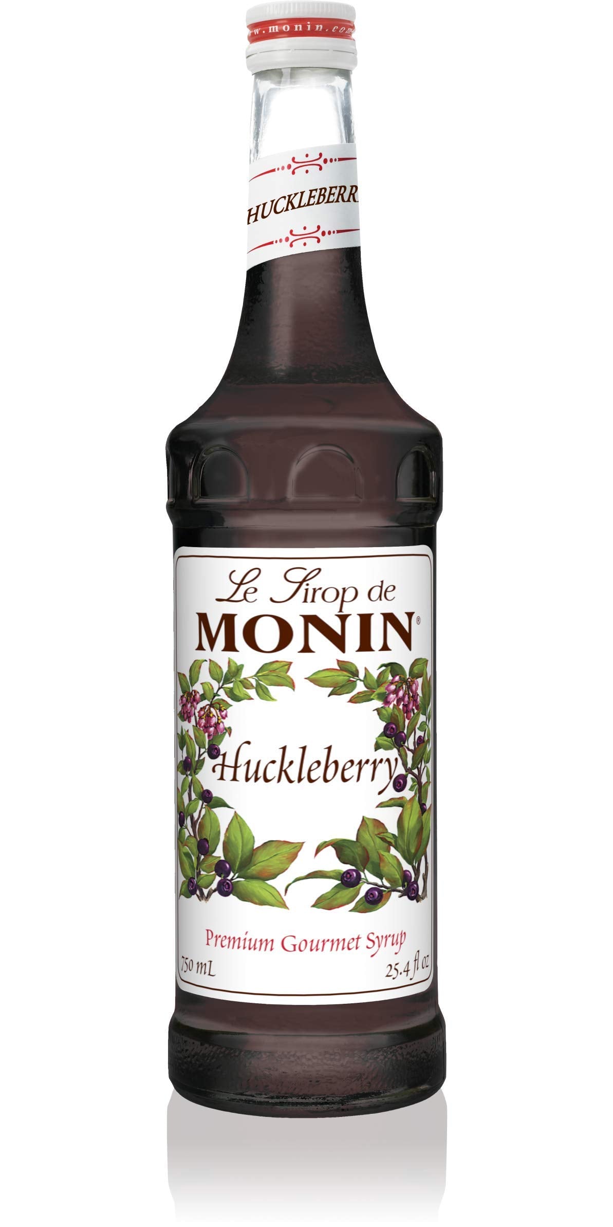 Monin Huckleberry Syrup bottle enhances berry flavor in mochas, teas, and cocktails.