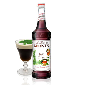 Monin Irish Cream Syrup bottle emphasizes premium, clean-label flavor for creamy lattes.