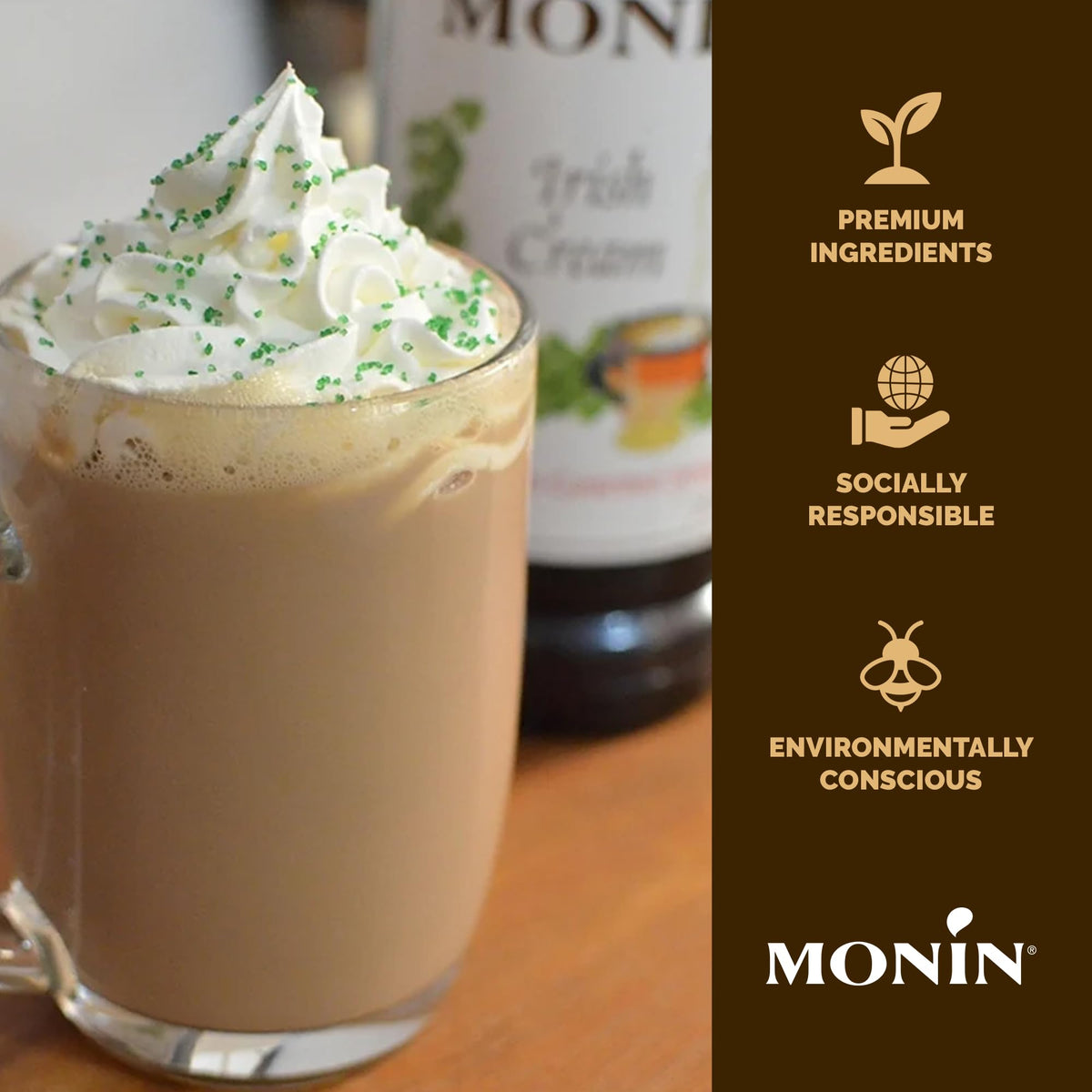 Close-up of Monin Irish Cream Syrup label highlighting flavor notes.