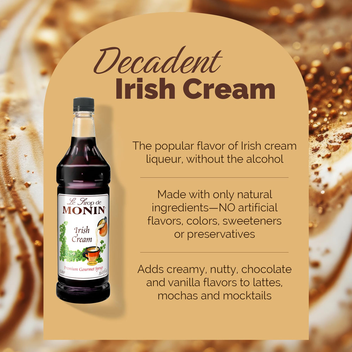 Pouring Monin Irish Cream Syrup into a milkshake for a silky finish.
