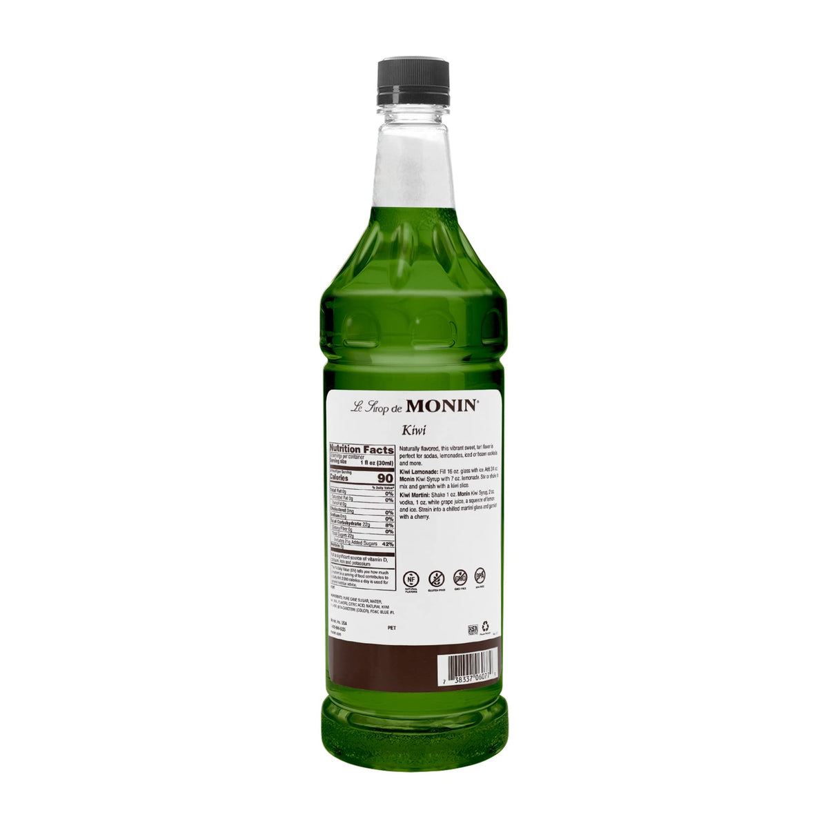 Monin Kiwi syrup bottle closeup, emphasizing rich flavor and kosher-quality branding for creative beverages.