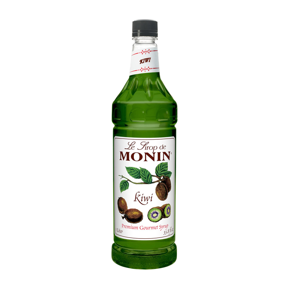Monin Kiwi syrup bottle pours, highlighting emerald-green color and versatile use in refreshing drinks.