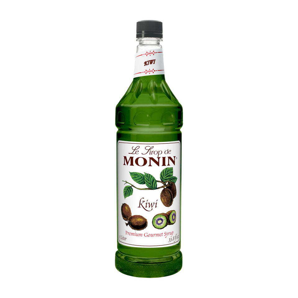 Monin Kiwi syrup bottle pours, highlighting emerald-green color and versatile use in refreshing drinks.