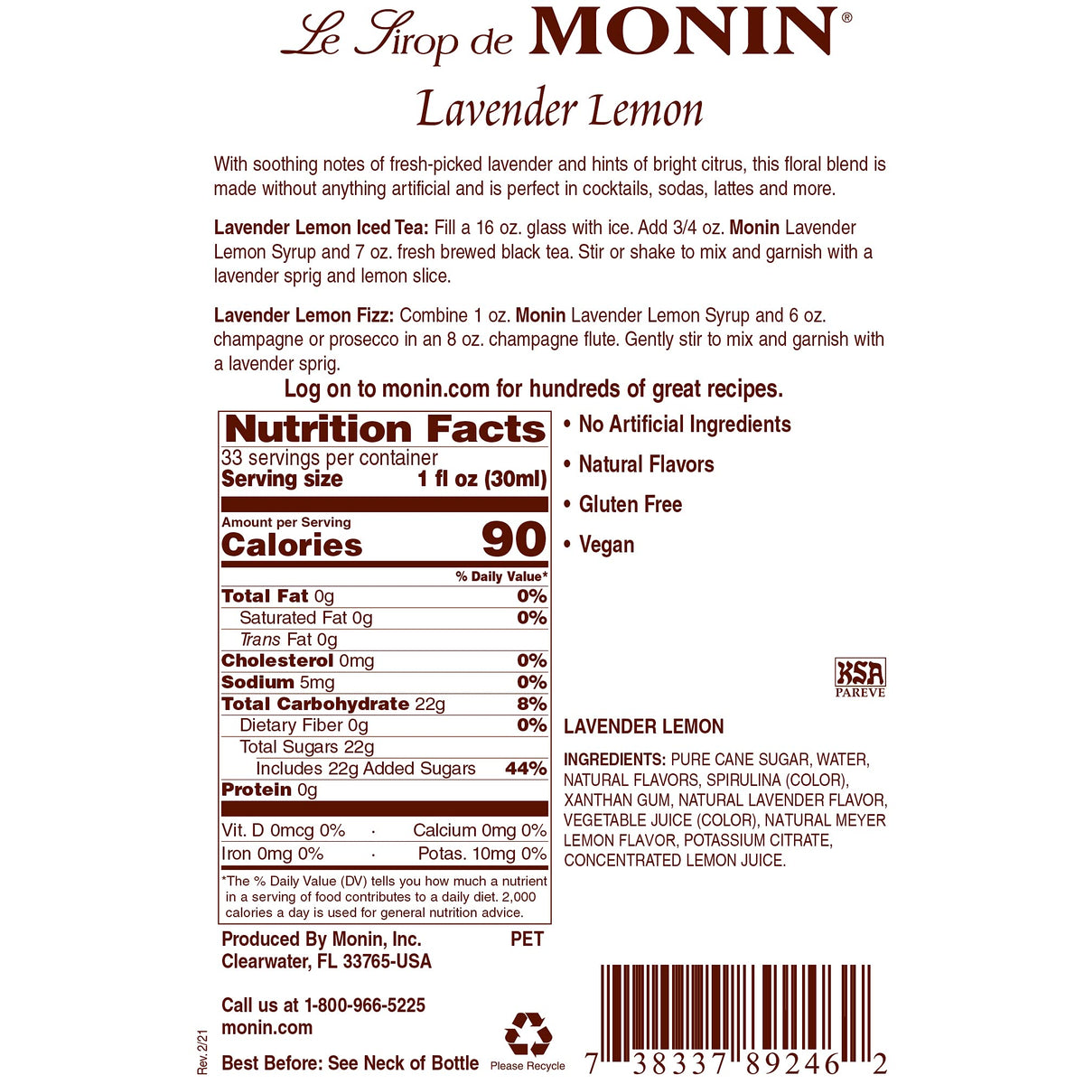 Monin Lavender Lemon Syrup 1-liter bottle, convenient for home and bar use.