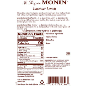 Monin Lavender Lemon Syrup 1-liter bottle, convenient for home and bar use.