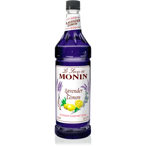 Monin Lavender Lemon Syrup bottle-front, ideal for coffee, cocktails, and sodas.