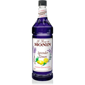 Monin Lavender Lemon Syrup bottle-front, ideal for coffee, cocktails, and sodas.