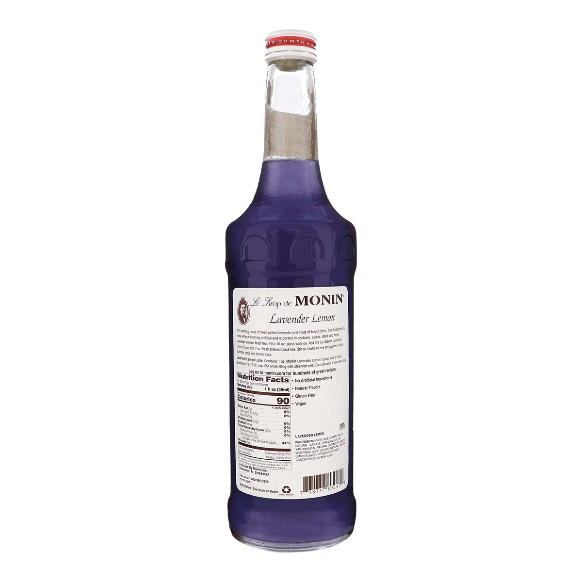 Monin Lavender Lemon Syrup label close-up shows clean ingredients.