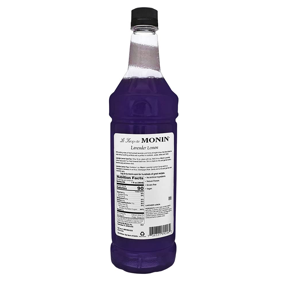 Monin Lavender Lemon Syrup label-closeup, emphasizes clean label and natural flavor.