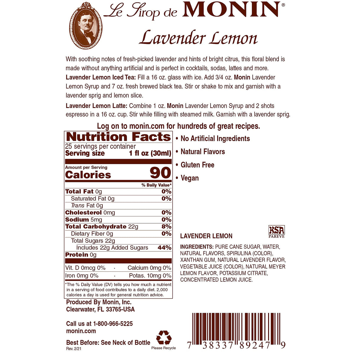 Monin Lavender Lemon Syrup packaging—eco-friendly bottle and recyclable box.