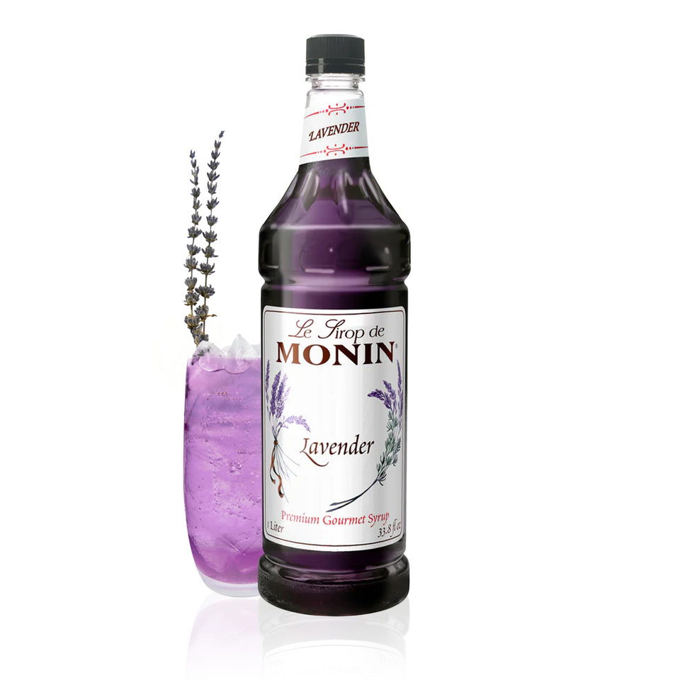 Monin Lavender Syrup bottle pour adds floral aroma and color to beverages