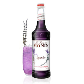 Monin Lavender Syrup bottle enhances cocktails and lattes with floral aroma