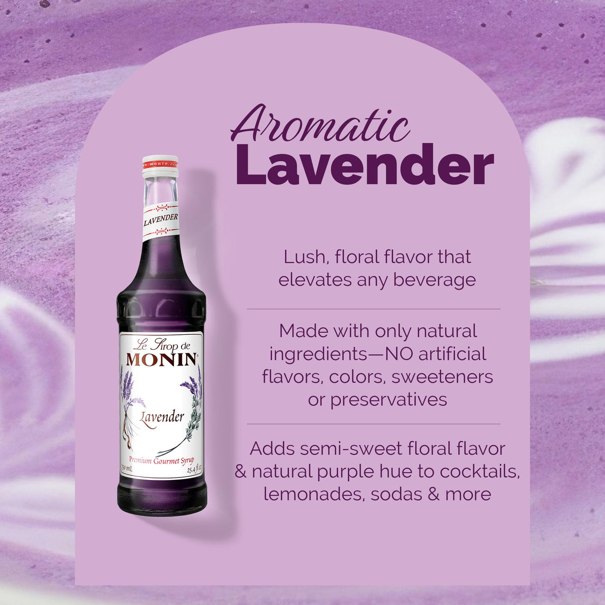Monin Lavender Syrup bottle shows premium color and aroma for drinks.