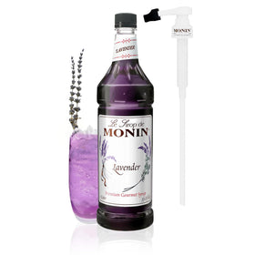 Monin Lavender Syrup pump bottle, ideal for cocktails and mocktails.