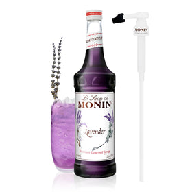 Monin Lavender Syrup with Pump bottle—floral aroma elevates lattes and cocktails.