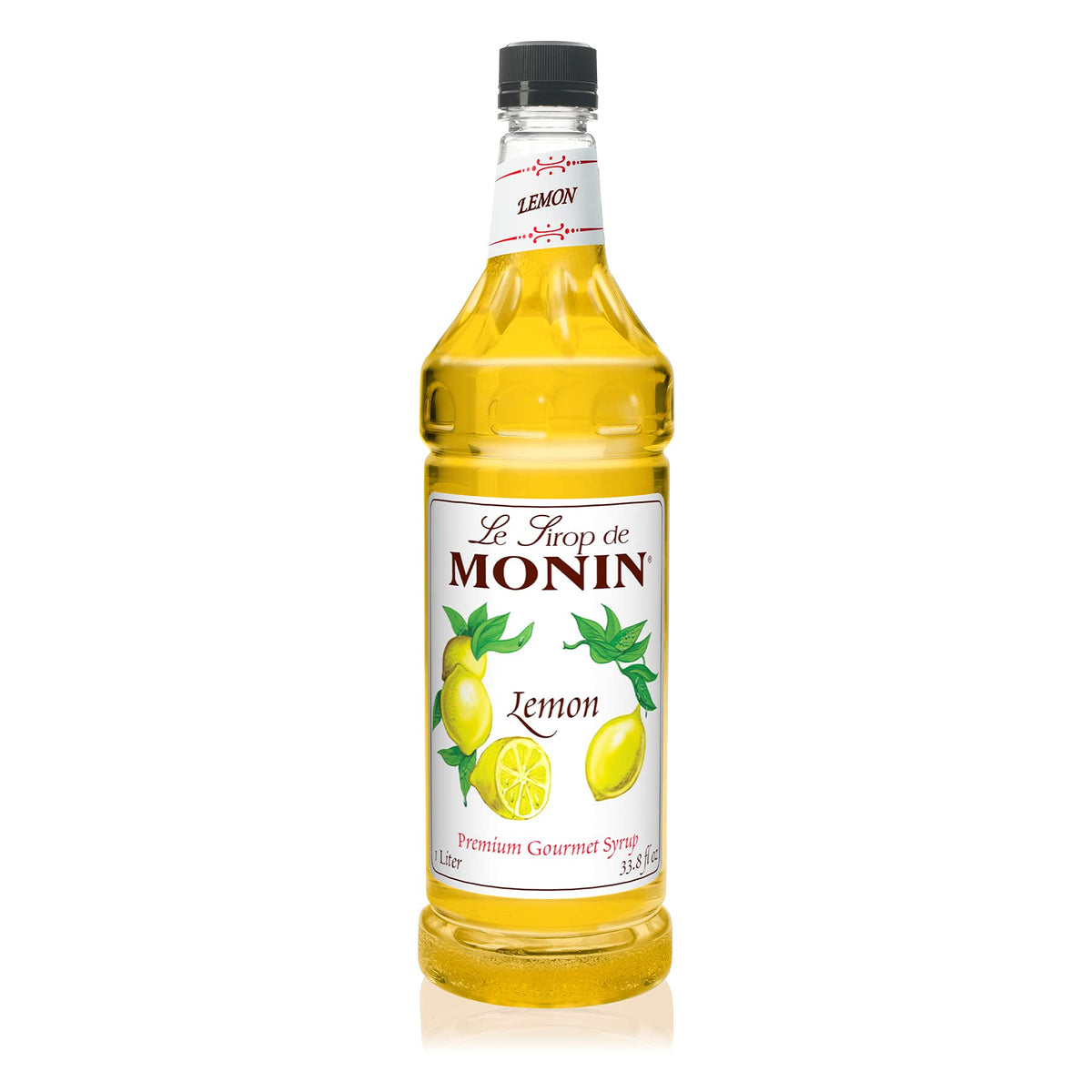 Monin Lemon Syrup bottle adds tart lemon flavor to lemonade, cocktails, and sodas.