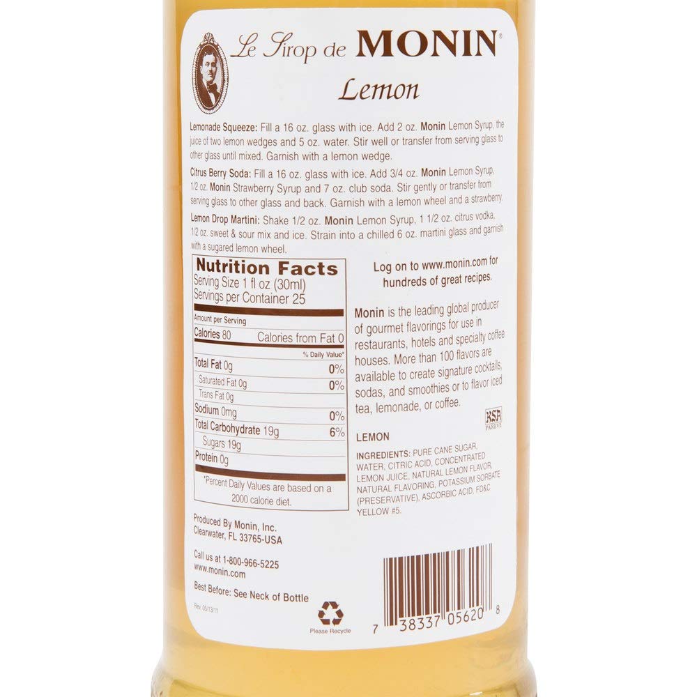 Monin Lemon Syrup label closeup showing natural flavor and color-free sweetness