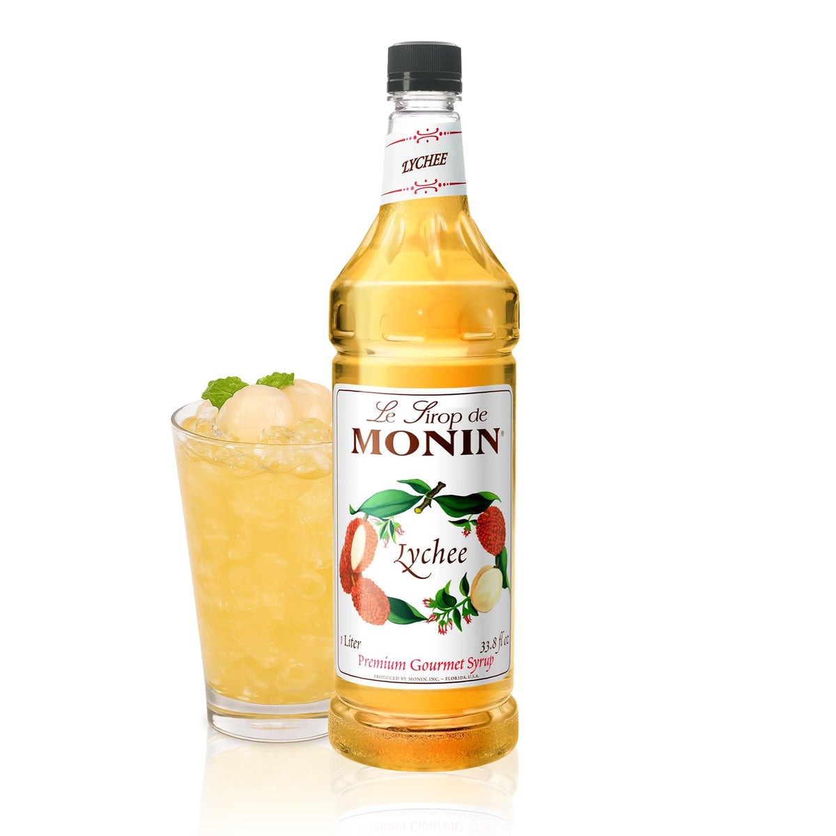 Monin Lychee bottle pour enhances teas with tropical sweetness