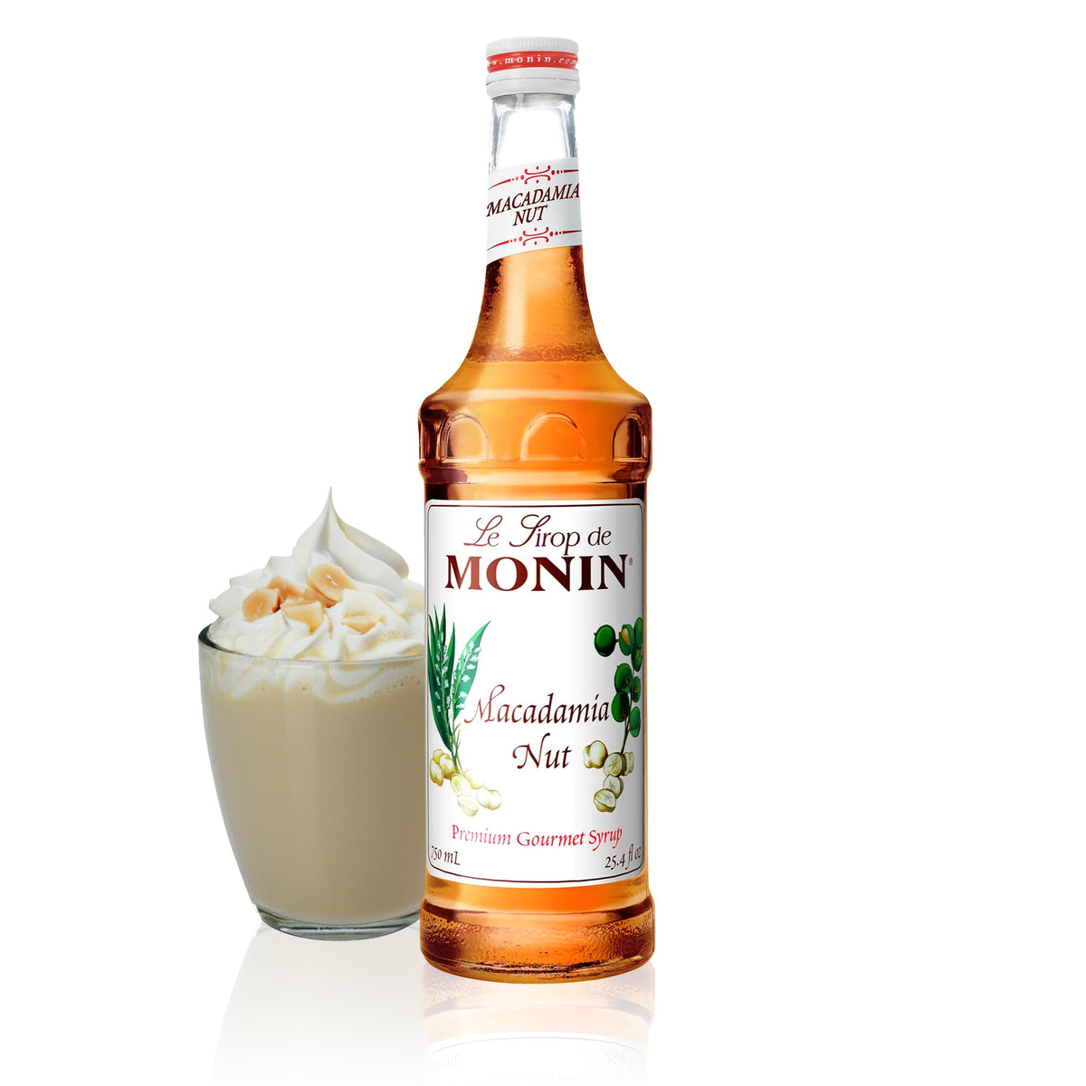 Monin Macadamia Nut Syrup bottle highlighting rich coffee flavor.