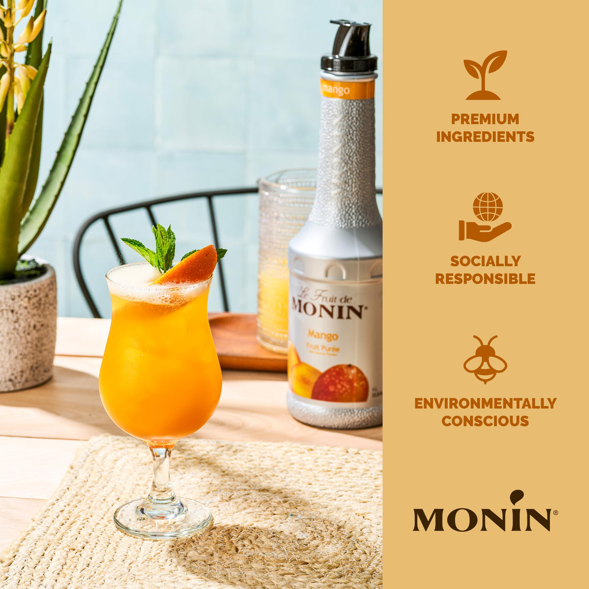 Monin Mango Purée cocktail pour adds vibrant mango notes.