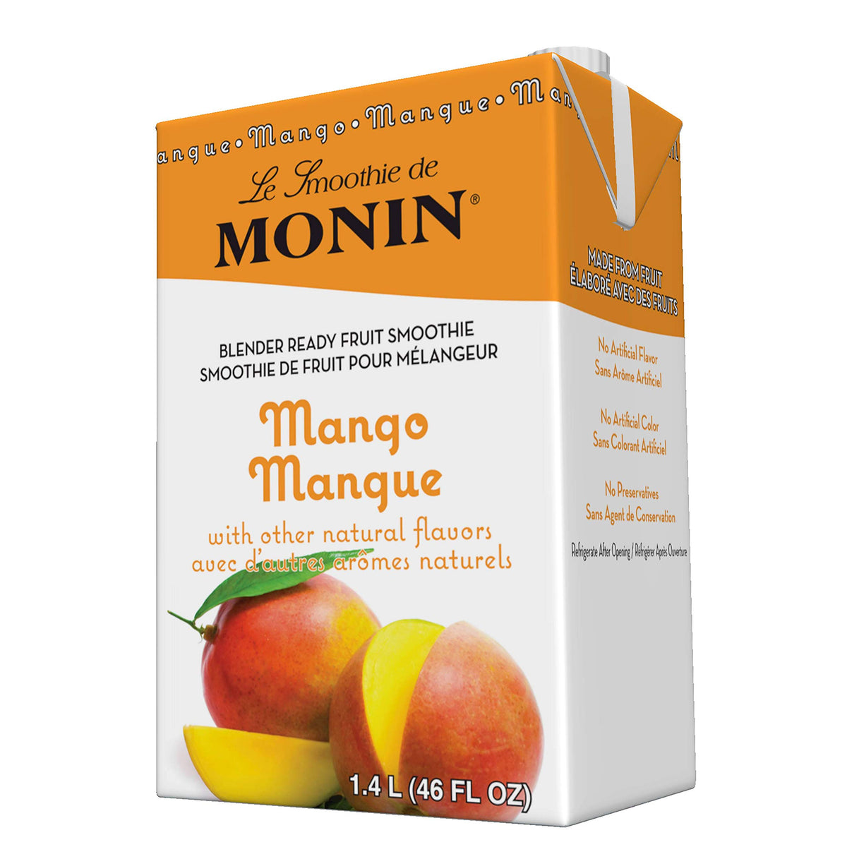 Monin Mango Smoothie Mix bottle with lush mango flavor for quick blender smoothies.