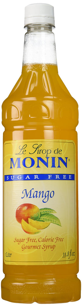 Monin Sugar Free Mango bottle front shows zero-calorie mango flavor.
