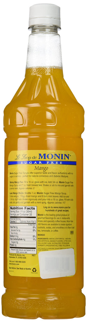 Monin Sugar Free Mango bottle label closeup highlights sugar-free mango aroma.