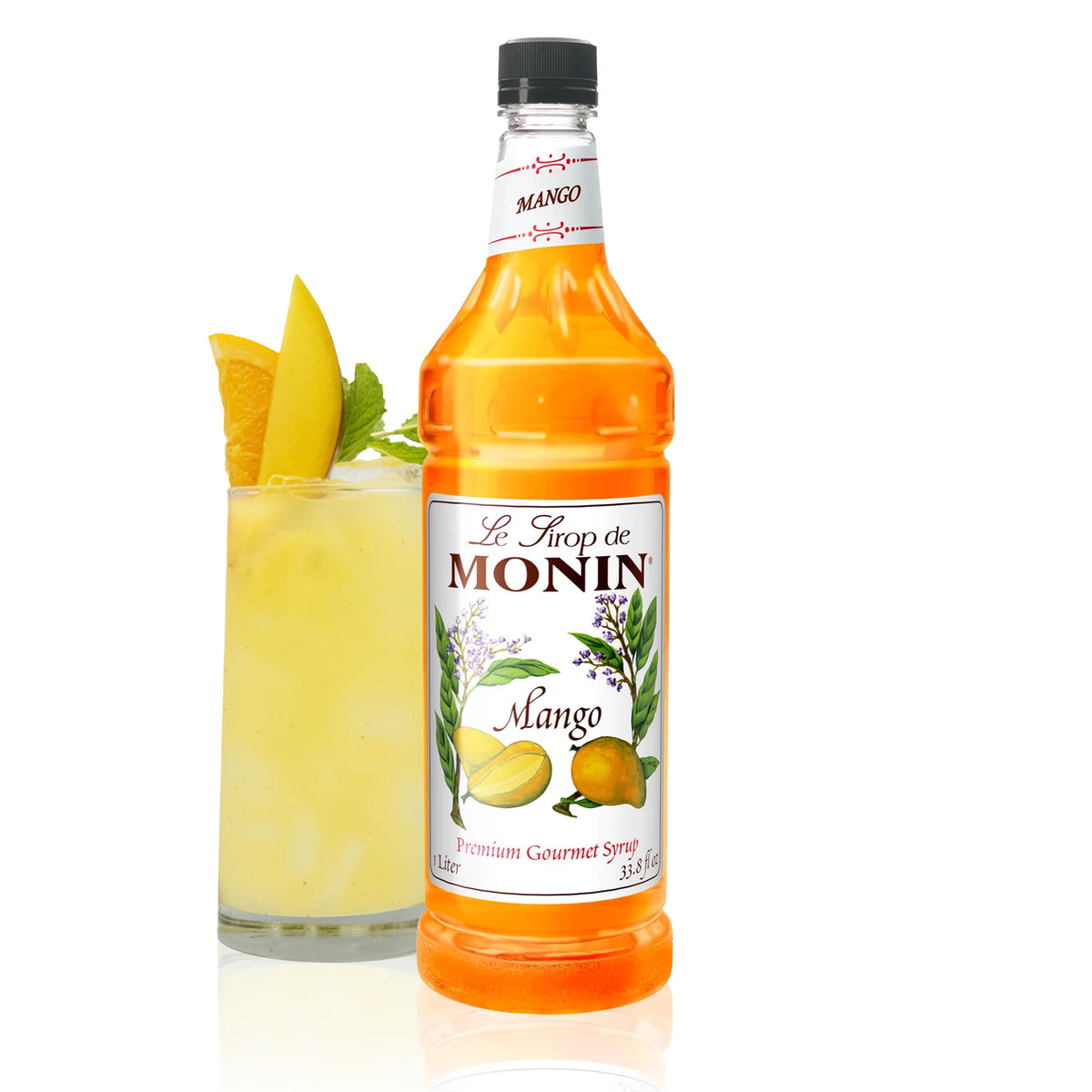 Monin Mango Syrup bottle close-up for vibrant tropical cocktails.