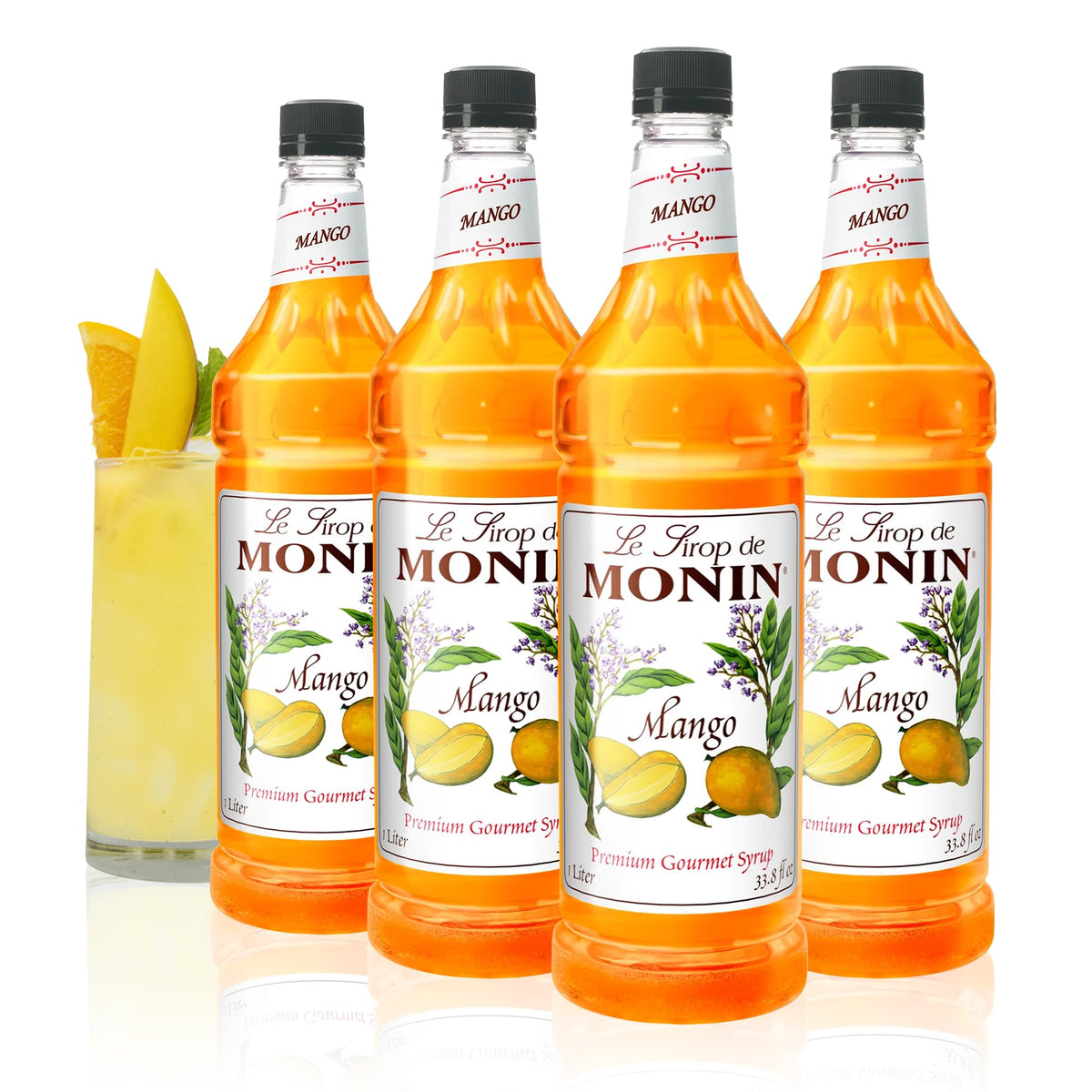 Monin Mango Syrup bottle front highlighting tropical flavor for cocktails and lemonades.