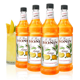 Monin Mango Syrup bottle front highlighting tropical flavor for cocktails and lemonades.