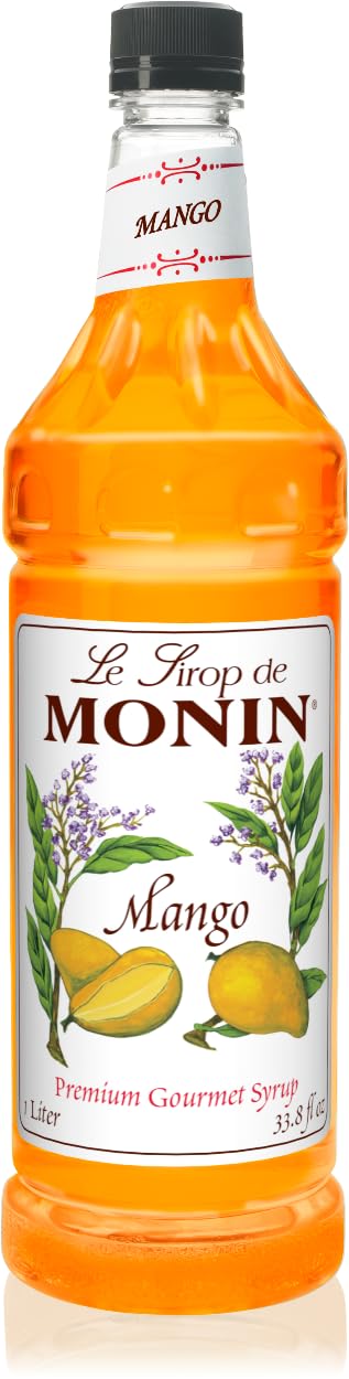Monin Mango Syrup bottle with pump for precise, mess-free drink crafting.