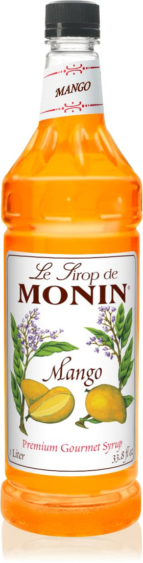 Monin Mango Syrup bottle with pump for precise, mess-free drink crafting.