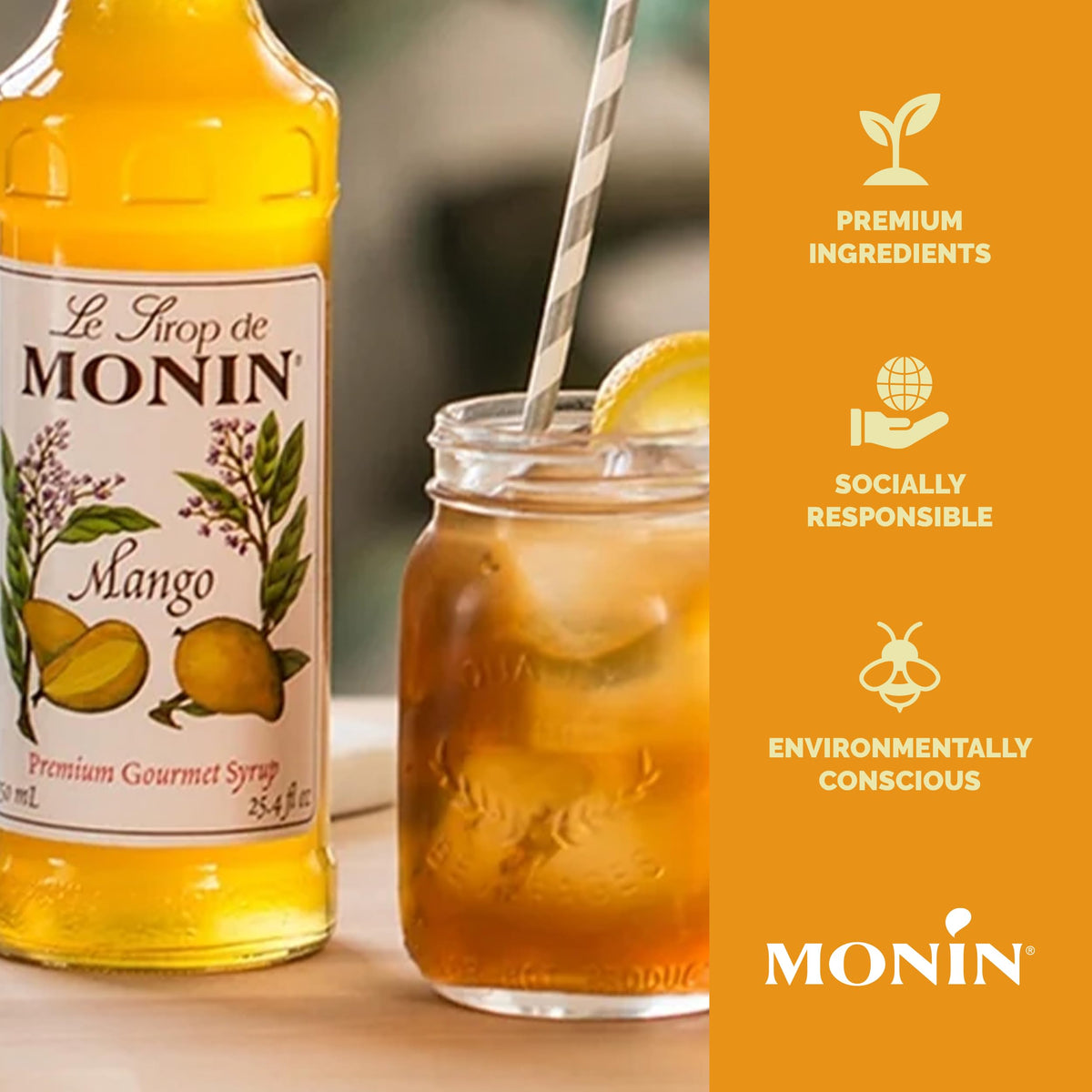 Monin Mango Syrup label-closeup highlights clean label and allergen-free qualities.