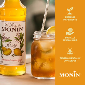 Monin Mango Syrup label-closeup highlights clean label and allergen-free qualities.