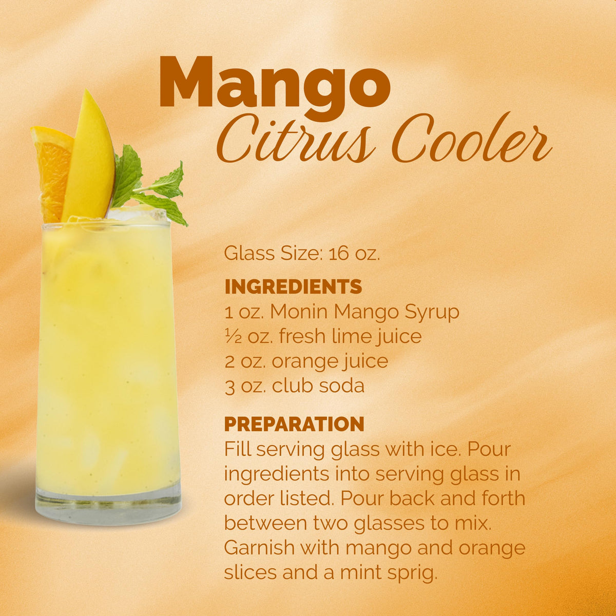 Monin Mango Syrup packaging highlights eco-friendly labeling and sustainability