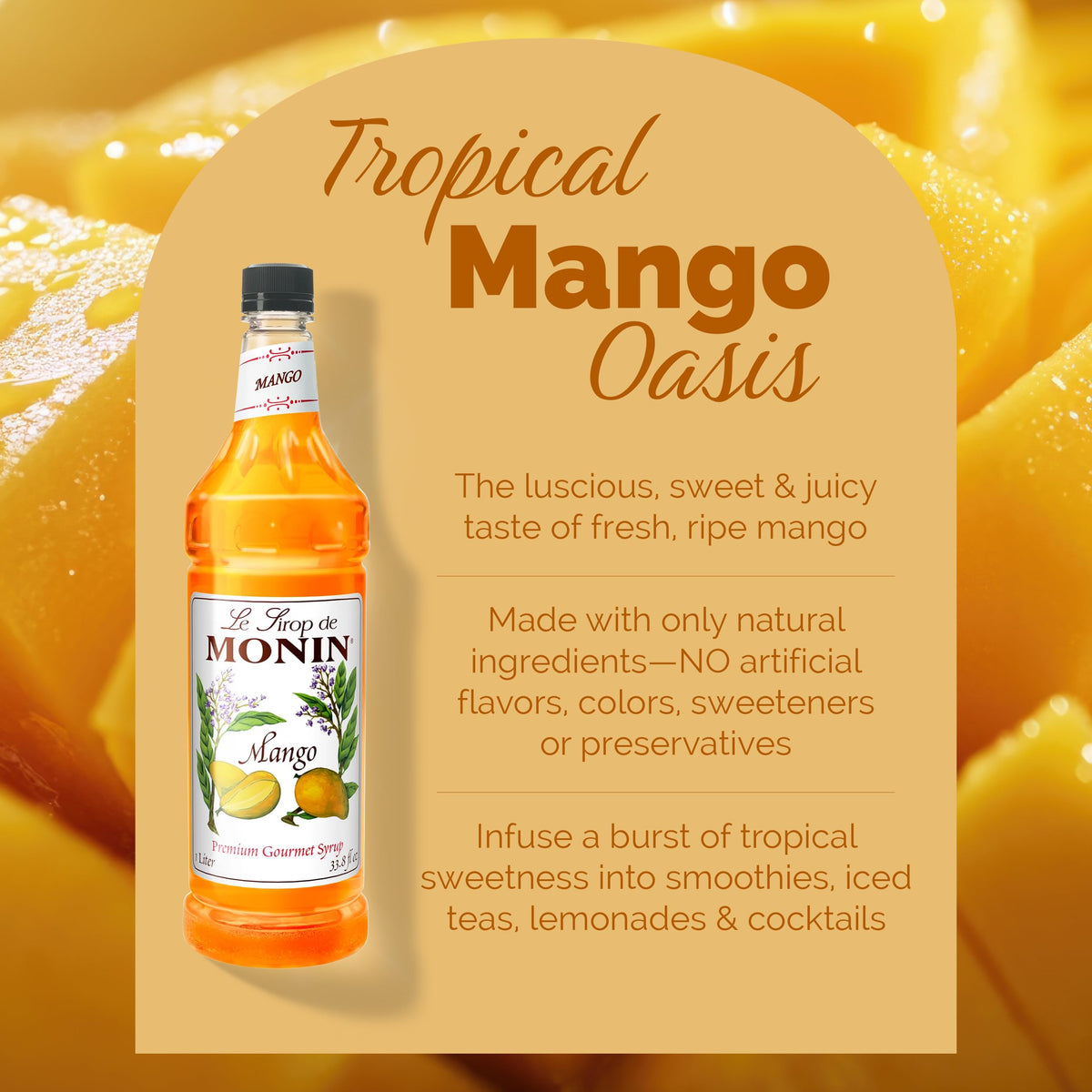 Monin Mango Syrup pour-cocktail demonstrates easy tropical drink creation.