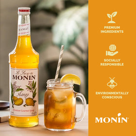 Monin Mango Syrup recycling-friendly bottle supporting sustainability and bees.