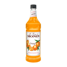 Monin Orange Syrup 1L bottle for versatile cocktails and desserts.