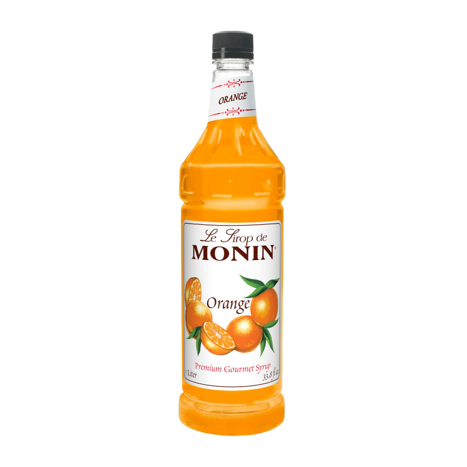 Monin Orange Syrup 1L bottle for versatile cocktails and desserts.