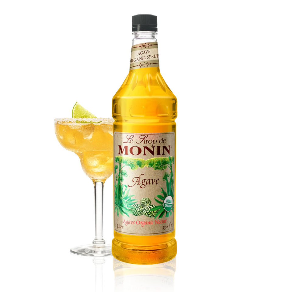 Monin Organic Agave Syrup bottle front view, natural sweetener for beverages.