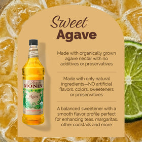 Monin Organic Agave Syrup label closeup showcases organic certification and clean labeling.