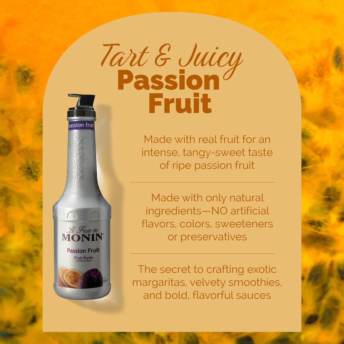 Monin Passion Fruit Puree label highlighting clean-label ingredients for menus