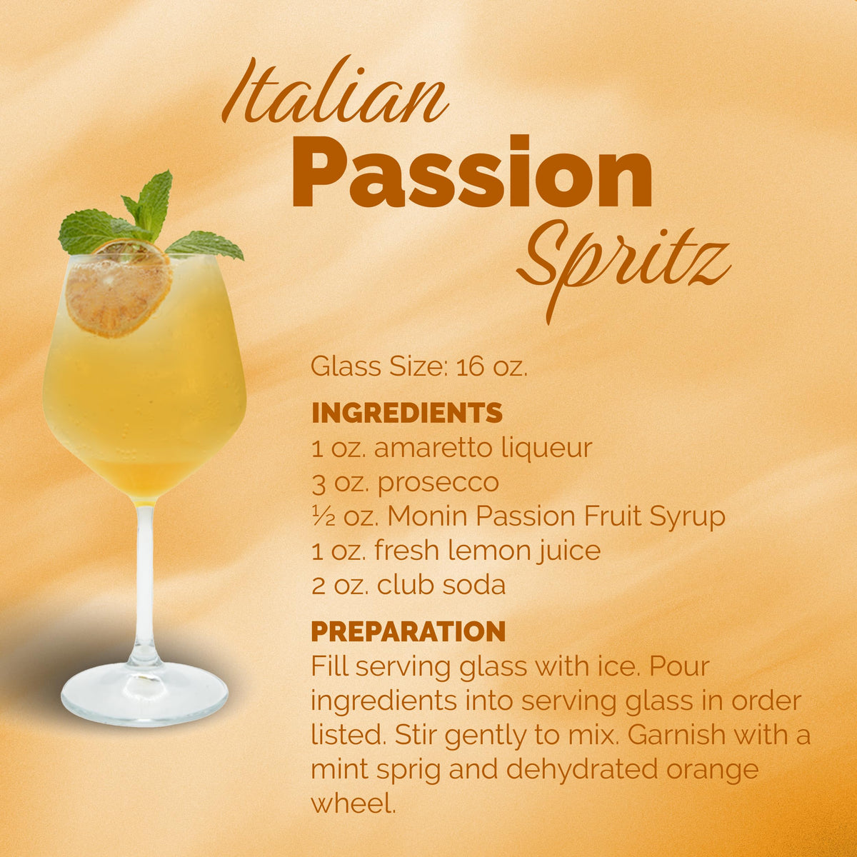 Monin Passion Fruit Syrup on bar setup for mocktails and cocktails.