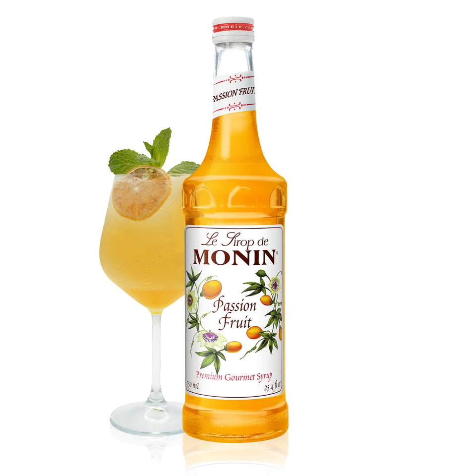 Monin Passion Fruit Syrup bottle enriches drinks with tropical flavor.