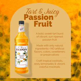 Monin Passion Fruit Syrup bottle with fruit, ideal for iced tea and tropical drinks.