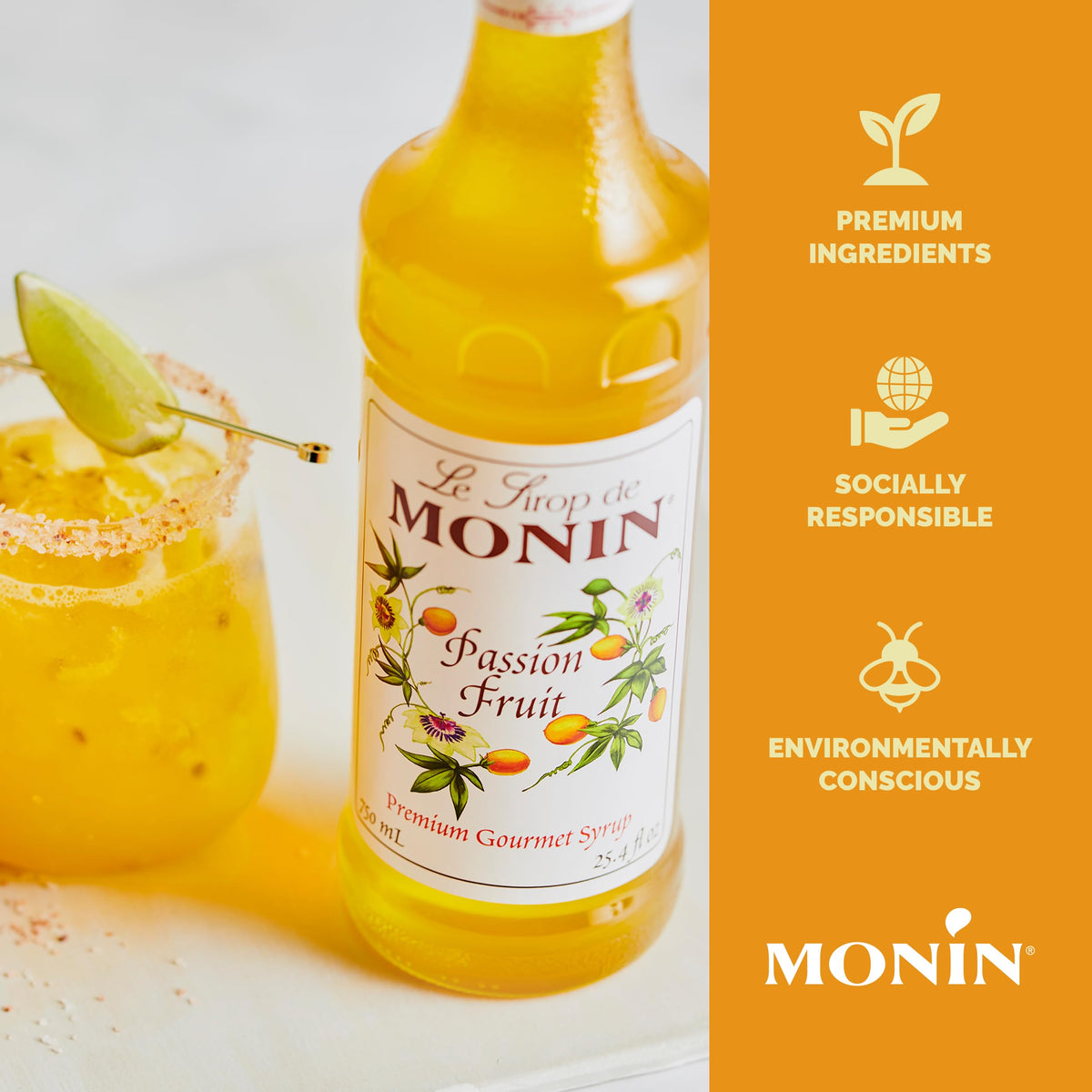 Monin bottle packaging showcases sustainable, clean label benefits for eco-conscious shoppers.