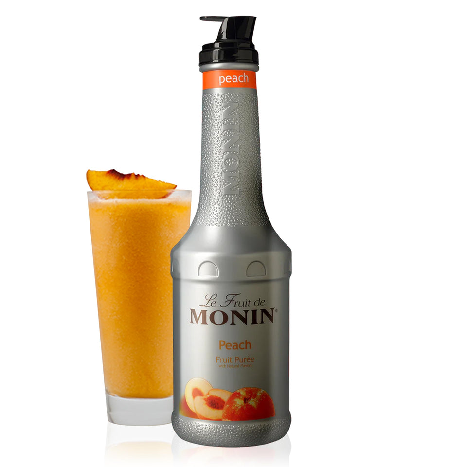 Monin Peach Purée bottle showing tree-ripened peach flavor for cocktails