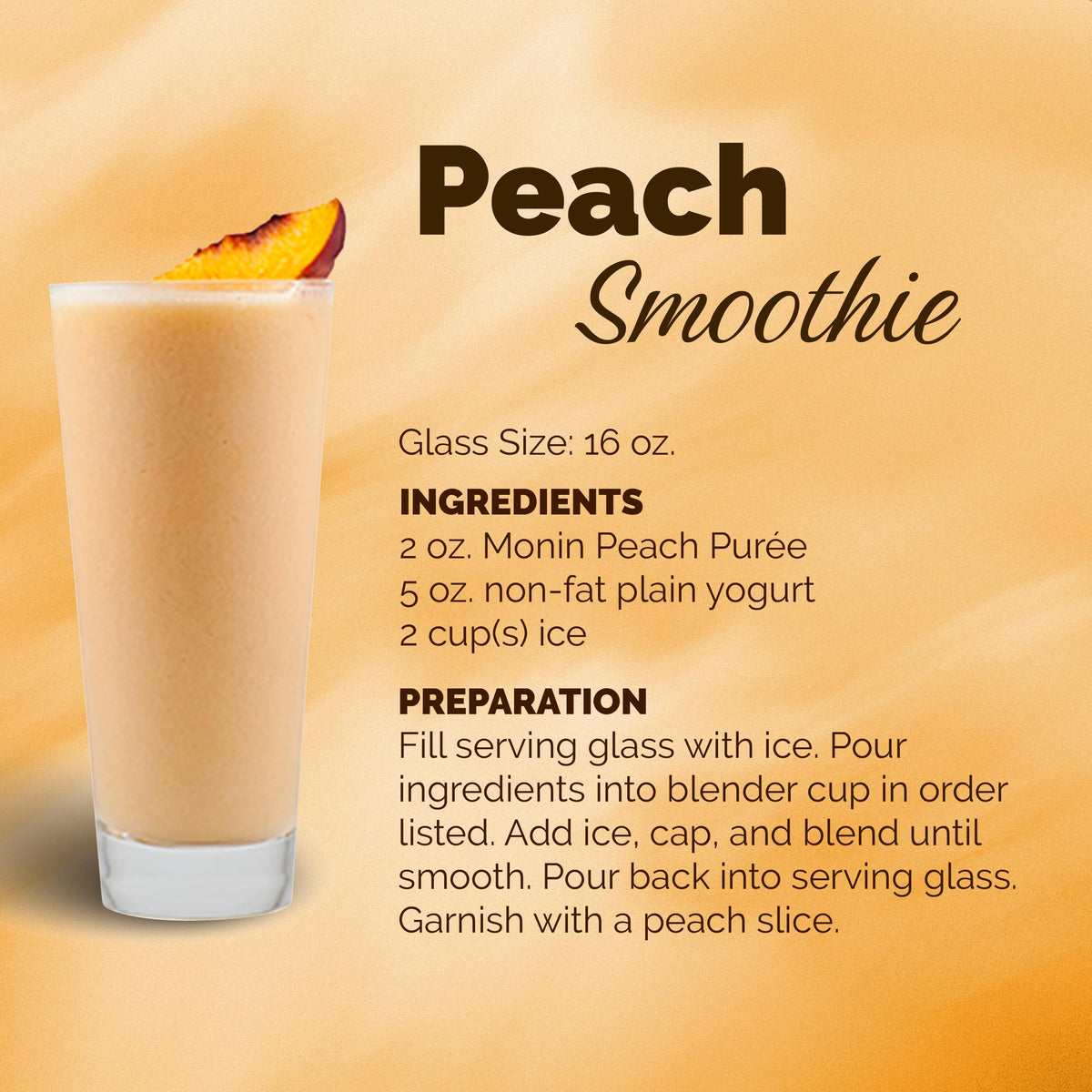 Monin Peach Purée label highlighting allergen-free, non-GMO ingredients